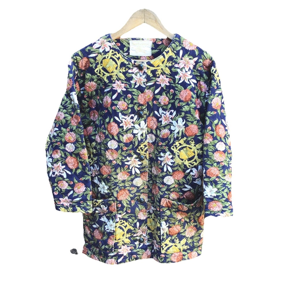 Vintage Burberrys Floral Crest Print Quilted Jacket Women's Size F Navy Fraying